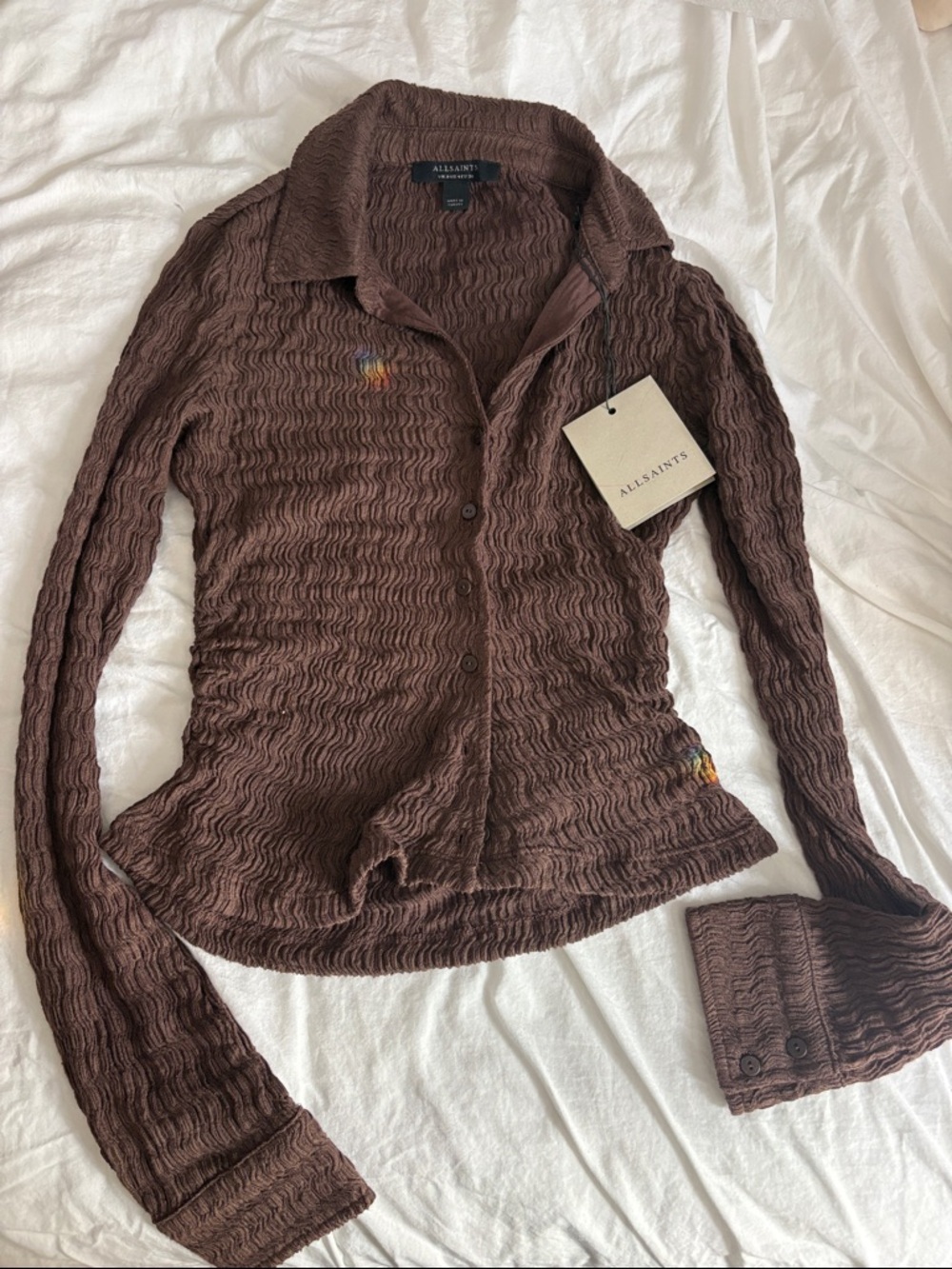 All Saints Brown Textured Button-Down Shirt